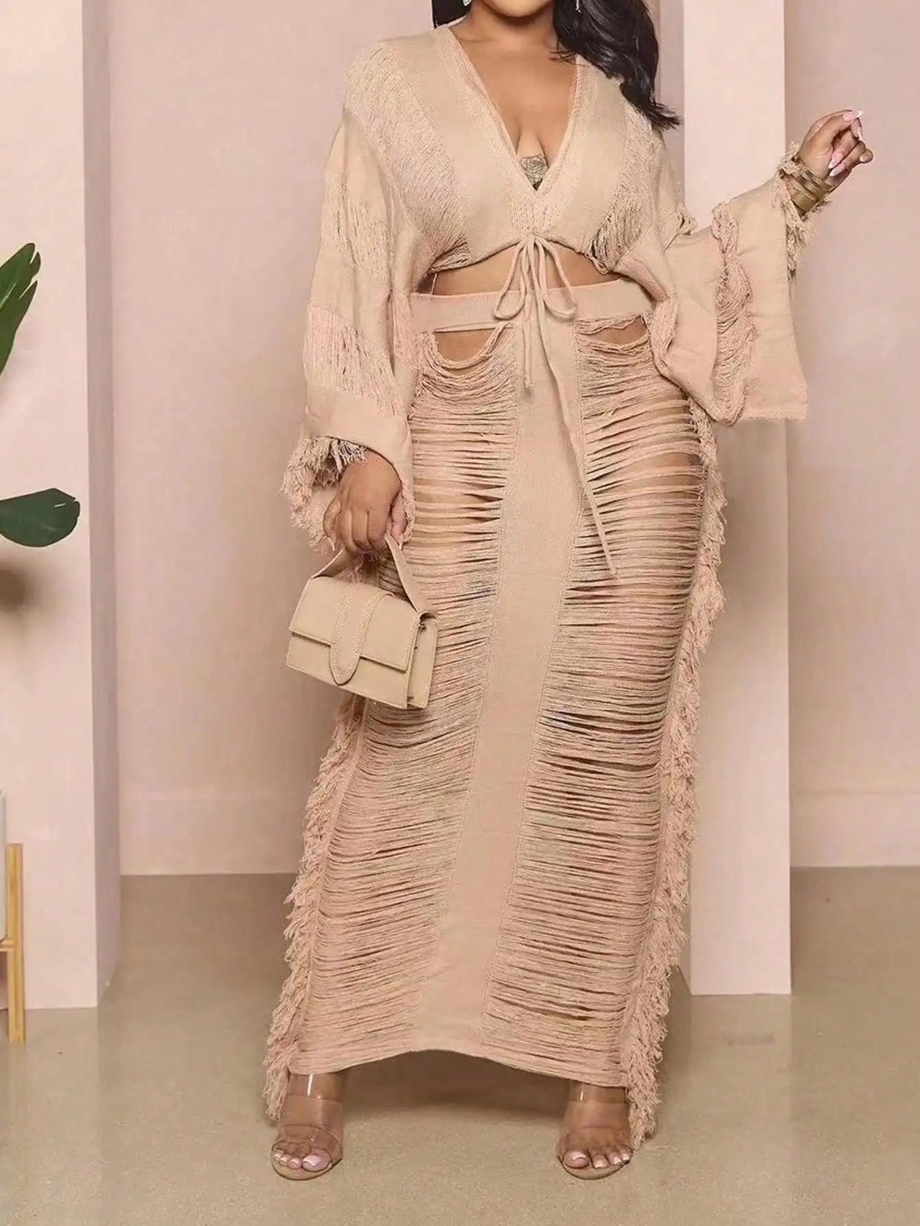Dress 2025 Women's Fringed 2-piece Set Long-sleeved top with fringed cutout sexy and elegant party club suit dress