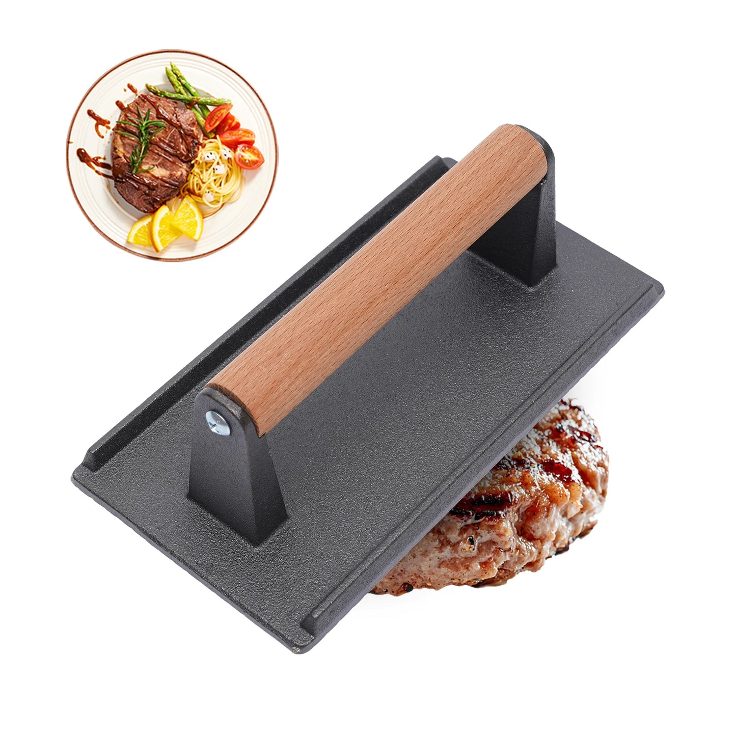 GrandAvenueStore Heavy Cast Iron Grill Press Wood Handle