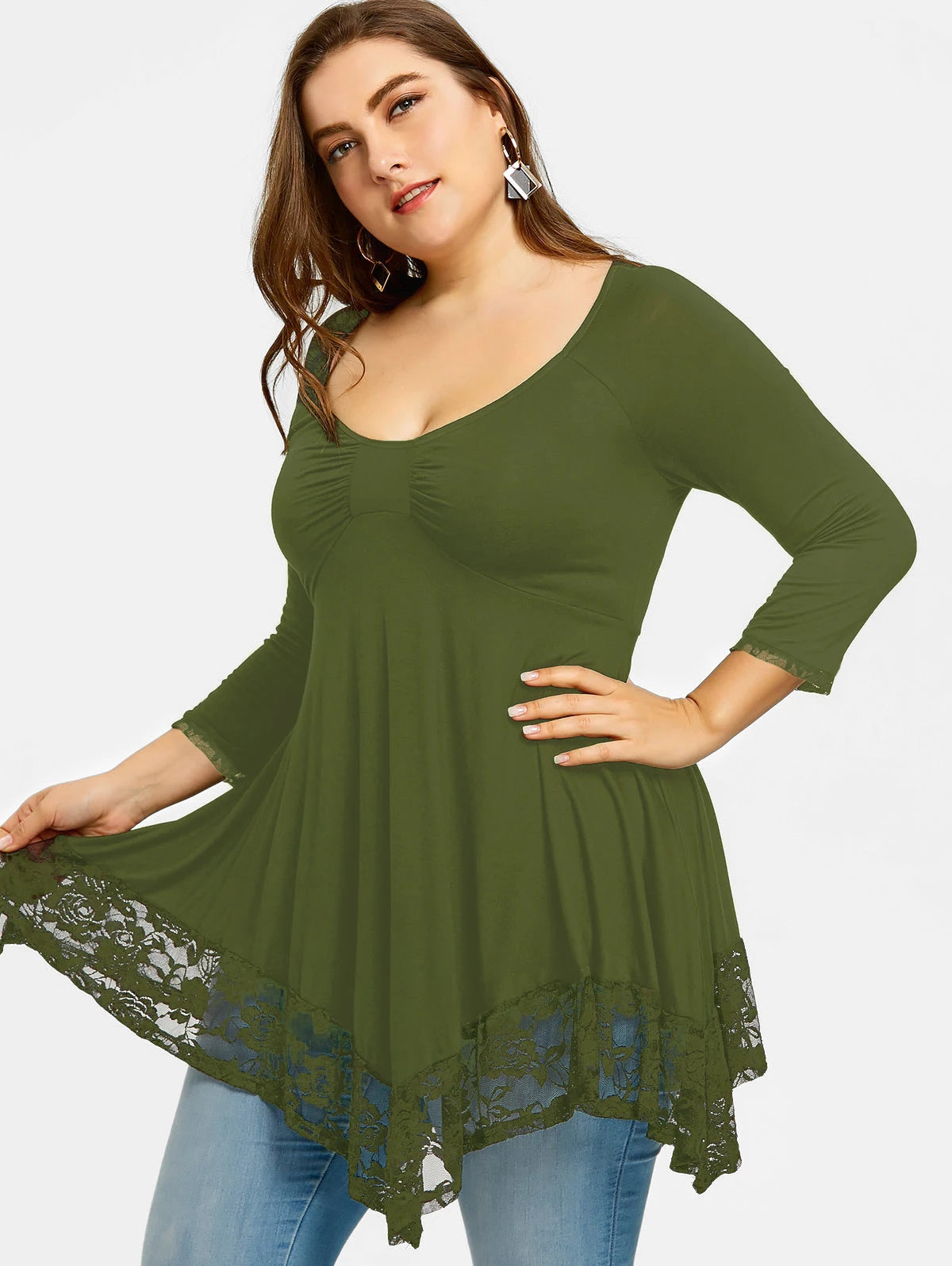 Clothing Round Neck Long Sleeve Lace Stitching Elegant Tee