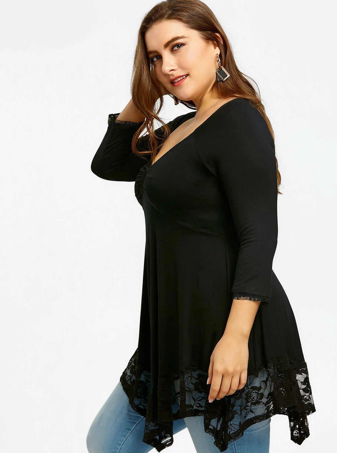 Clothing Round Neck Long Sleeve Lace Stitching Elegant Tee