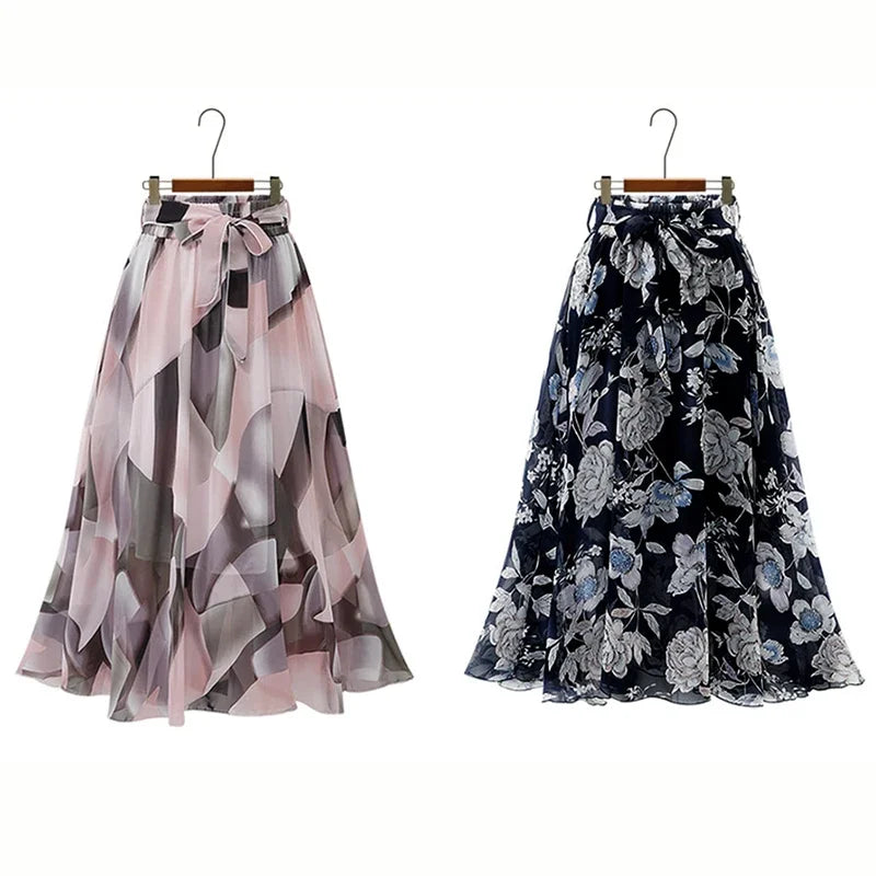 Floral Print Midi A Line Chiffon Skirt For Women Beach