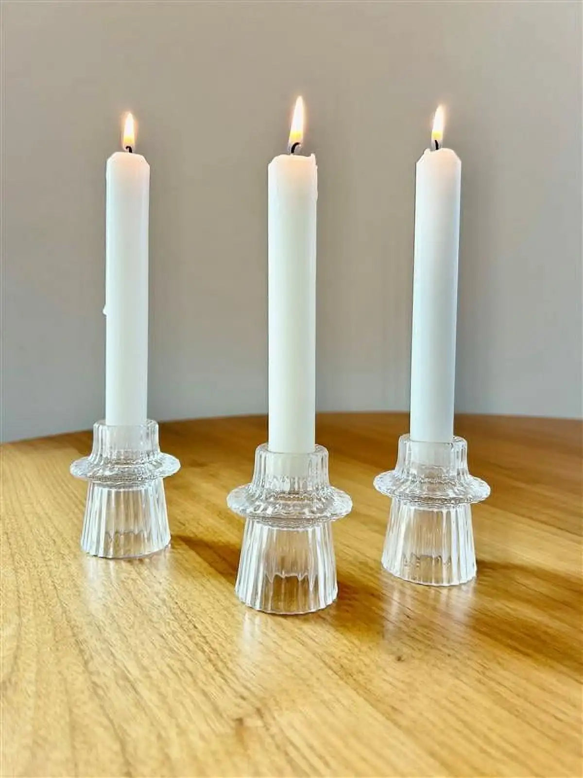 3" Decorative Clear Glass Ribbed Taper Tealight Candle Holder, Set of 3