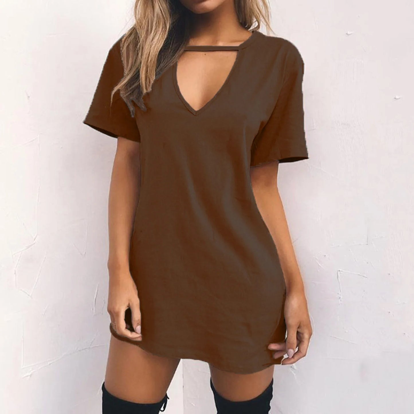 Casual Women V Neck Short Sleeve Hollow Dress Polyester