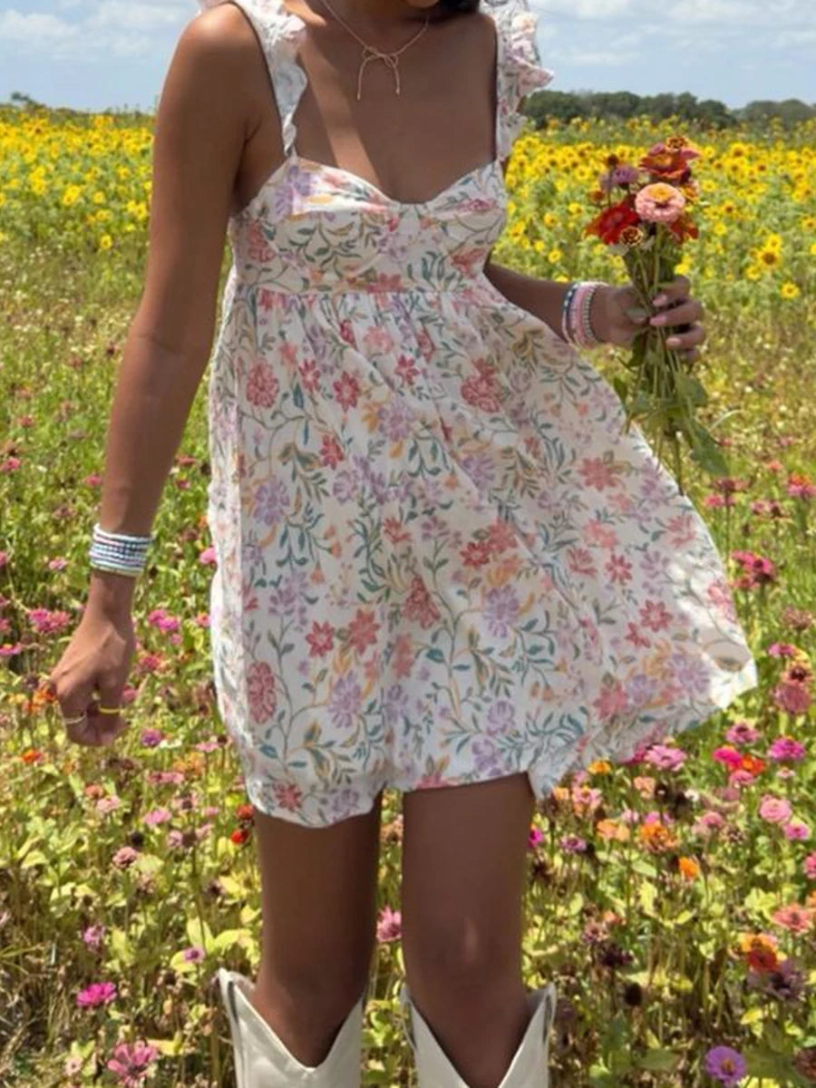 CN Velvet Maxi Dress Women Floral Ruffle V Neck Sleeveless