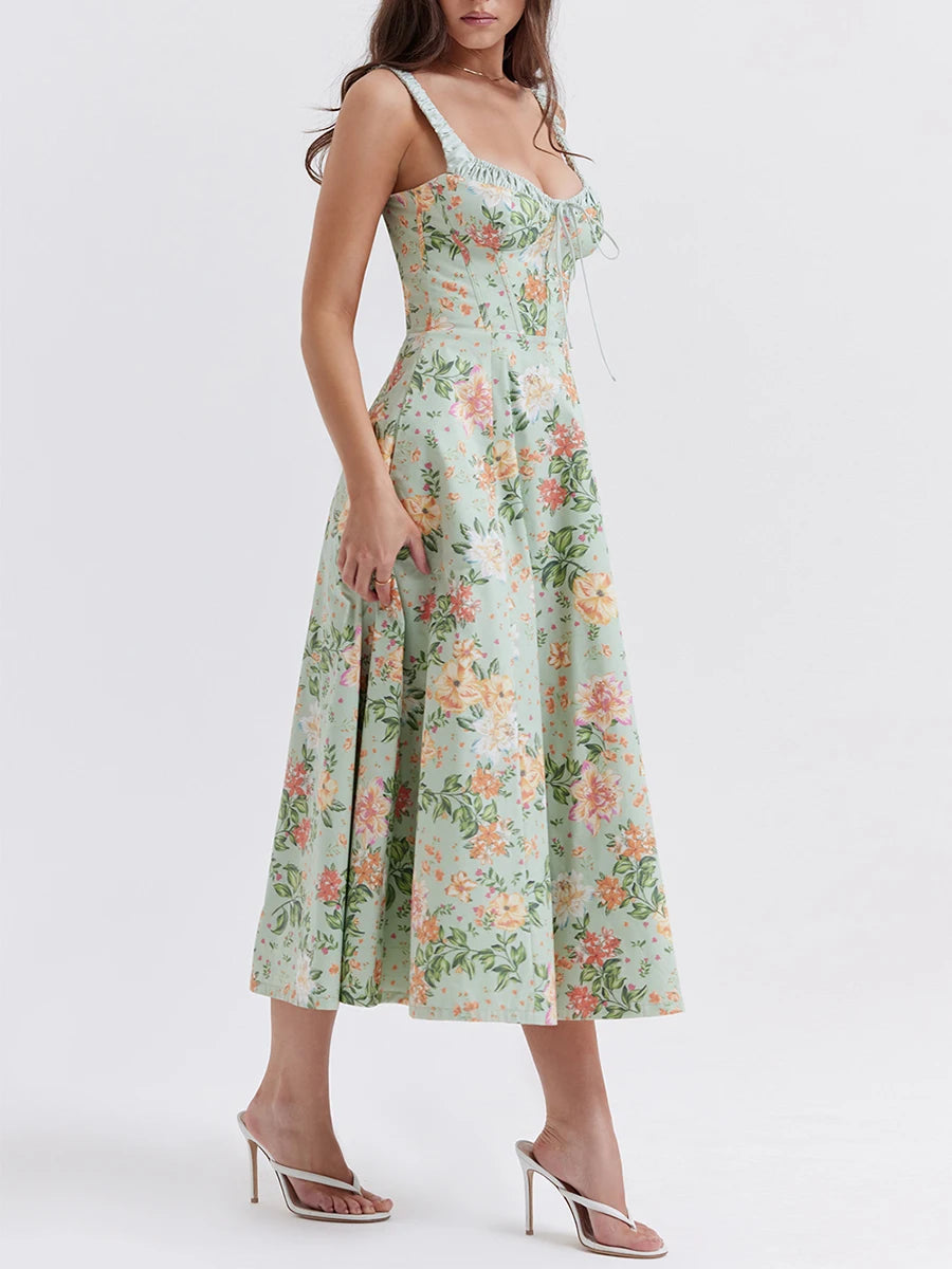 Hirigin Women Summer Floral Midi Dress Sleeveless Backless