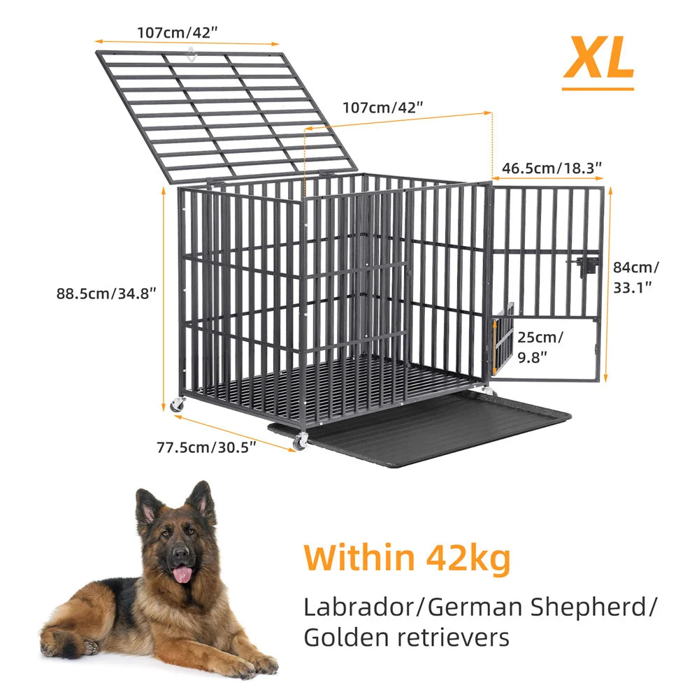 BORWARTH Heavy Duty Dog Crate With Lockable Wheels Tray