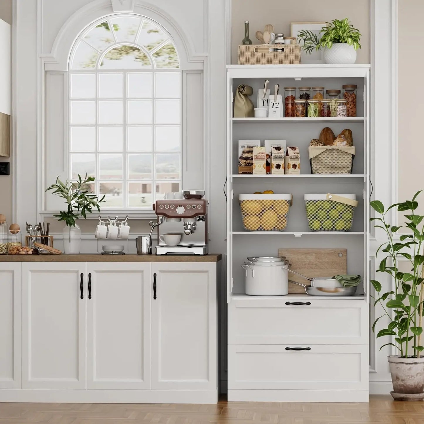 XMSJ Pantry Cabinet Barn Doors Drawers Adjustable Shelf