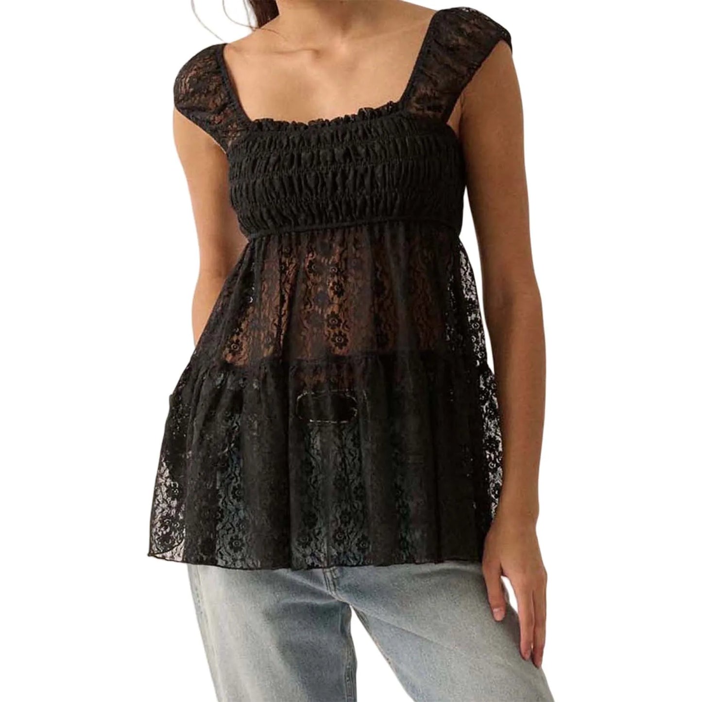 CN Casual Floral Lace Square Neck Tee With Cap Sleeves