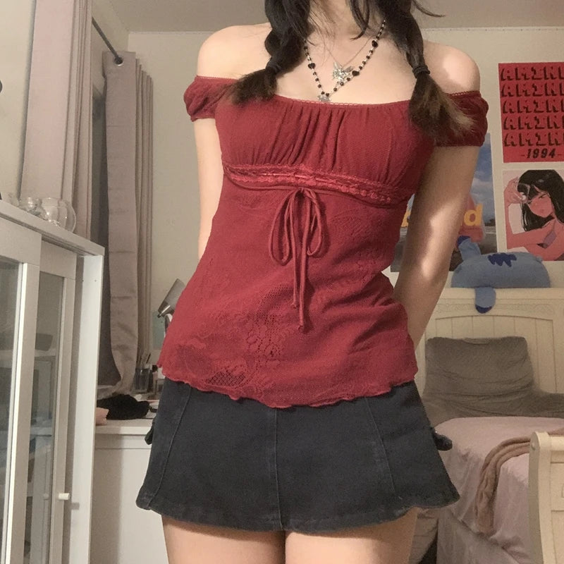Hirigin Elegant Lady Square Collar T Shirt Bow Short Sleeve