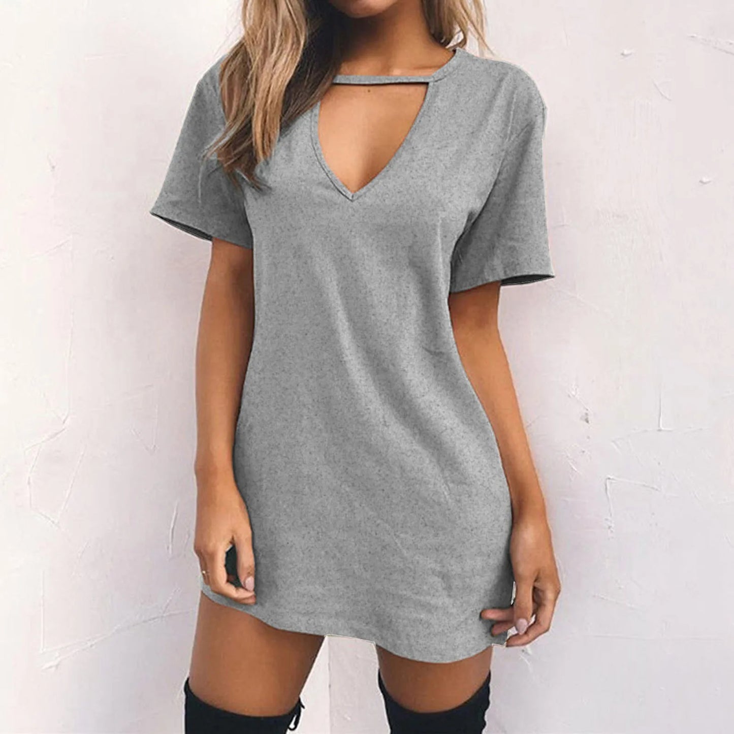 Casual Women V Neck Short Sleeve Hollow Dress Polyester