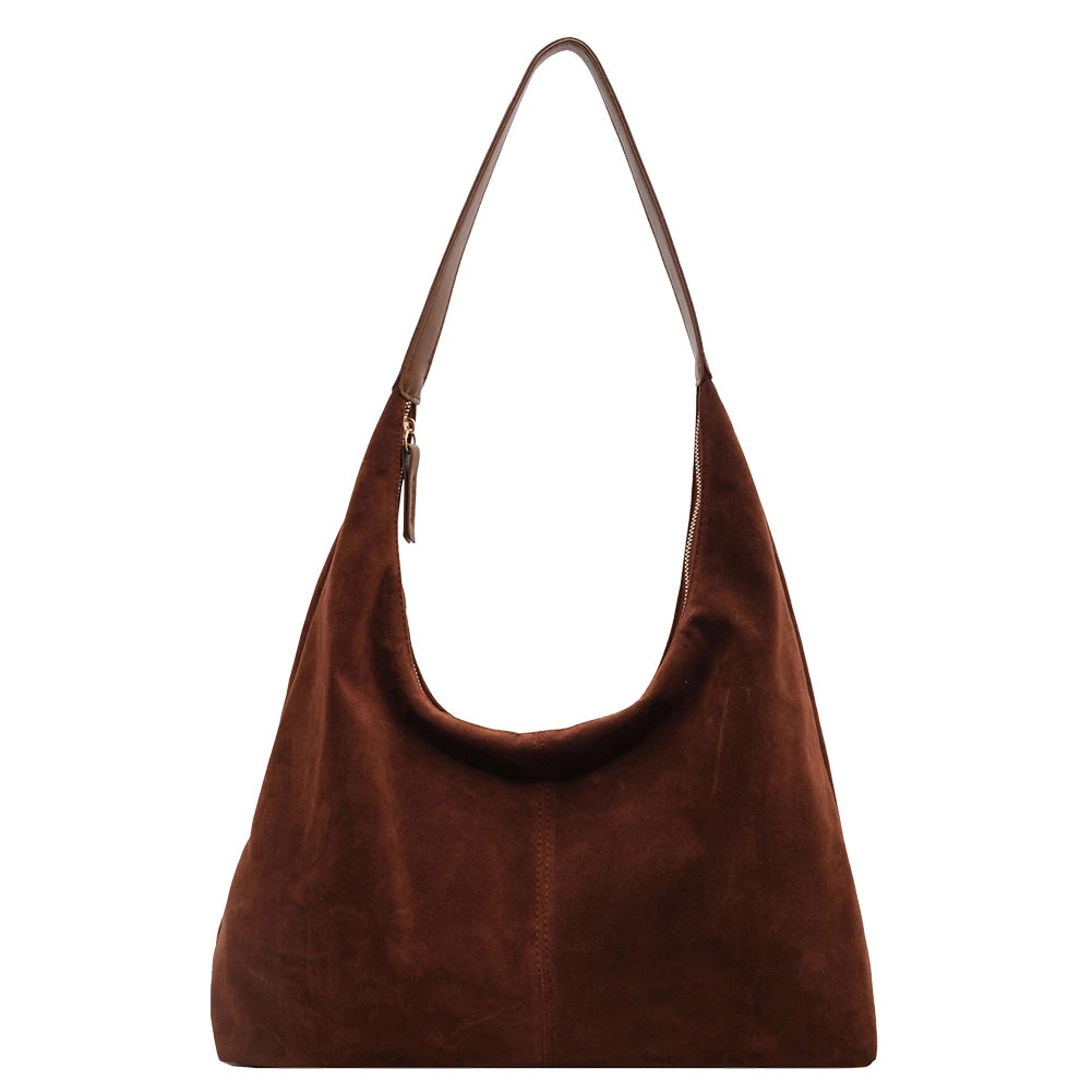 Women Suede Tote Bag With Zipper PU Leather Large Capacity