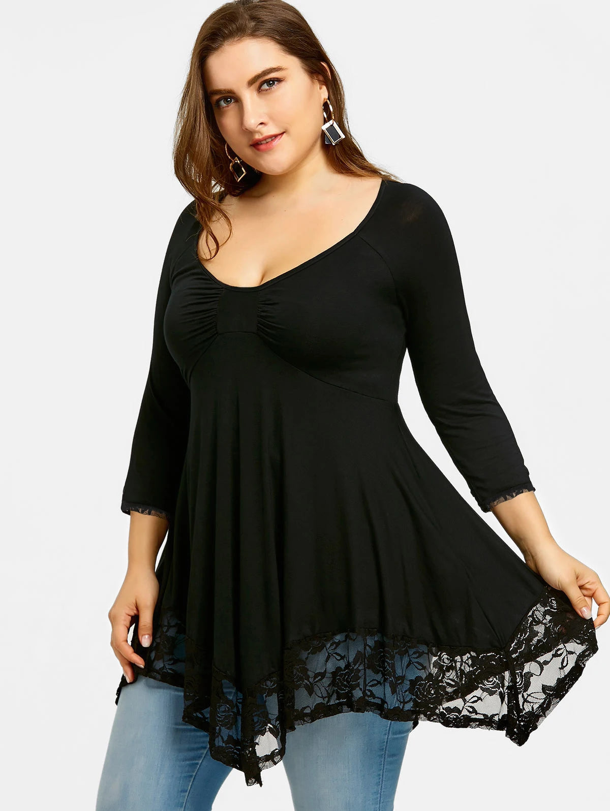 Clothing Round Neck Long Sleeve Lace Stitching Elegant Tee