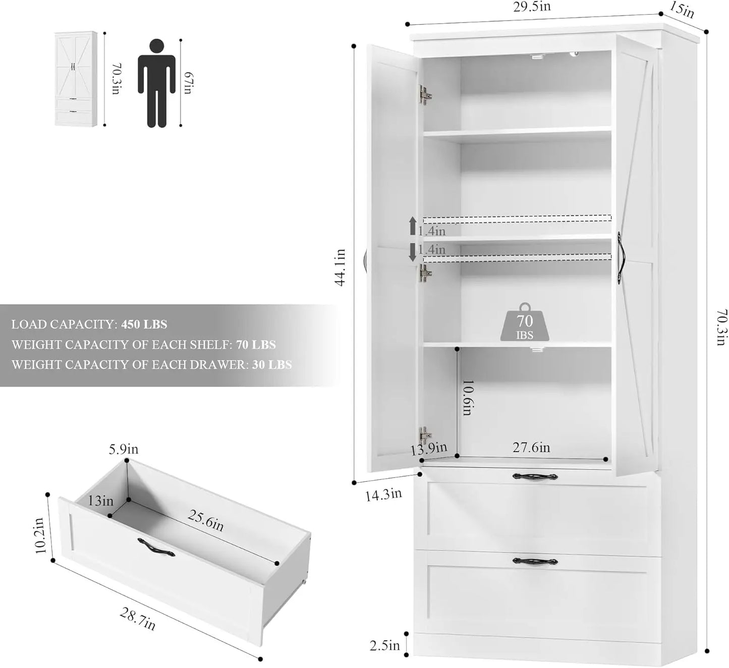 XMSJ Pantry Cabinet Barn Doors Drawers Adjustable Shelf