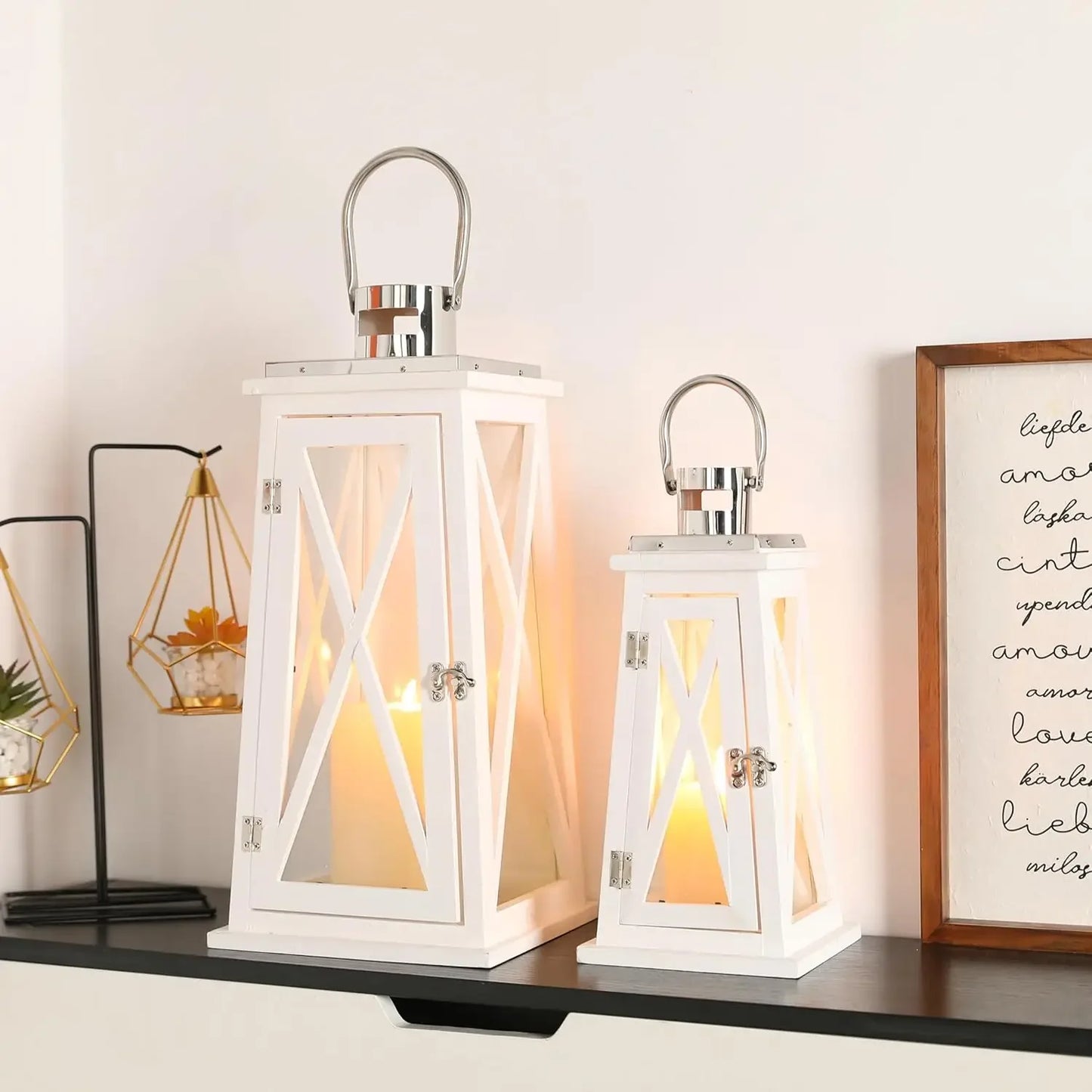 Farmhouse Wood Candle Lantern Decorative Candle Holders with Tempered Glass Rustic Hanging Lantern for Indoor Outdoor