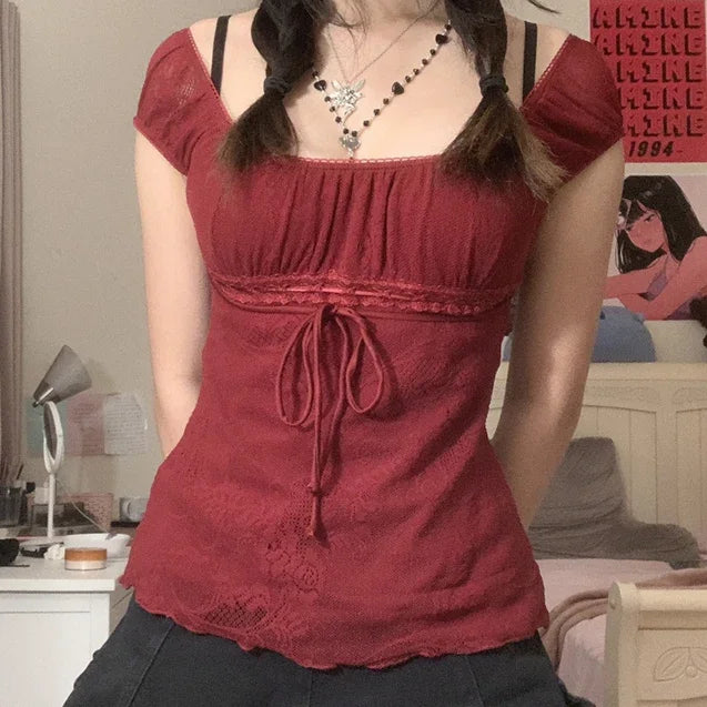 Hirigin Elegant Lady Square Collar T Shirt Bow Short Sleeve