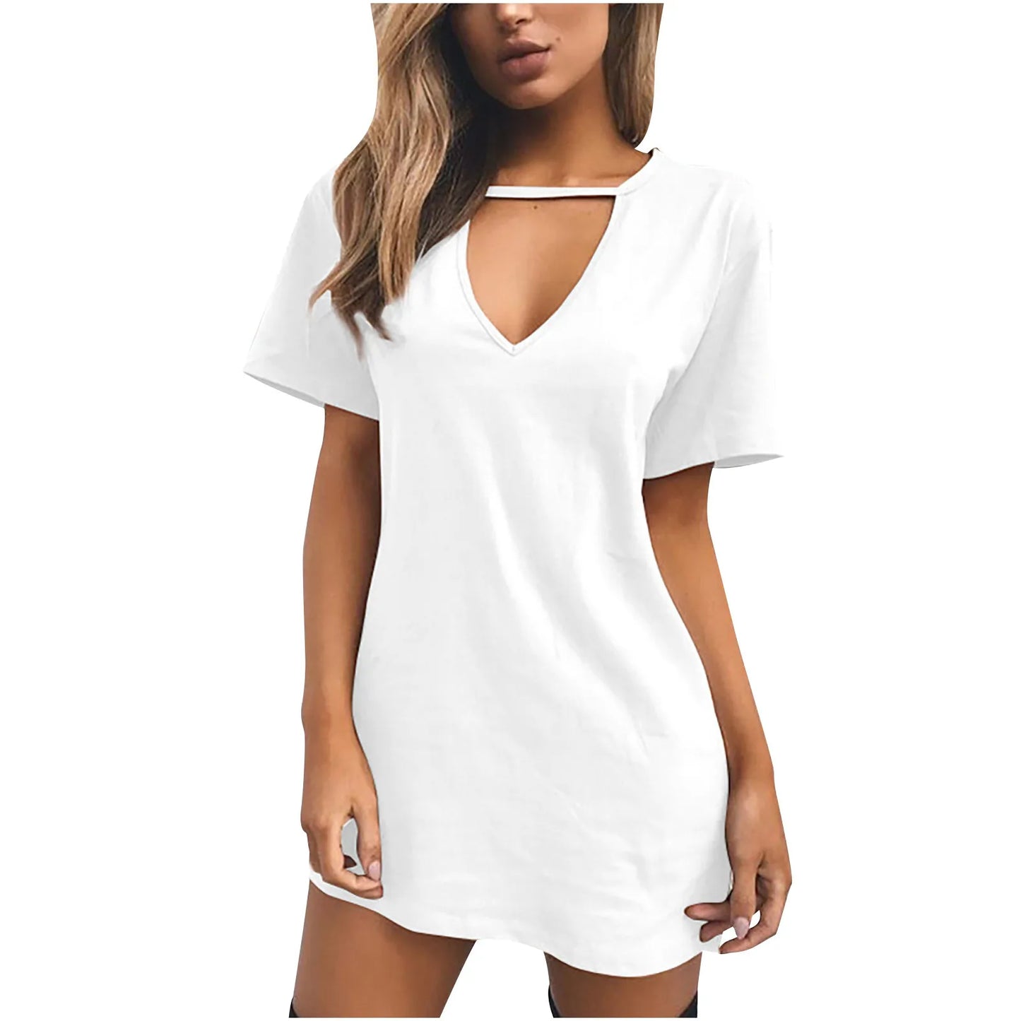 Casual Women V Neck Short Sleeve Hollow Dress Polyester