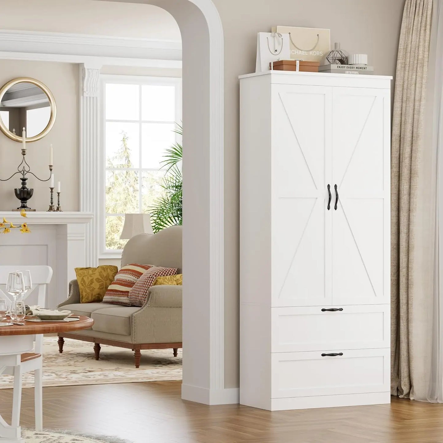 XMSJ Pantry Cabinet Barn Doors Drawers Adjustable Shelf