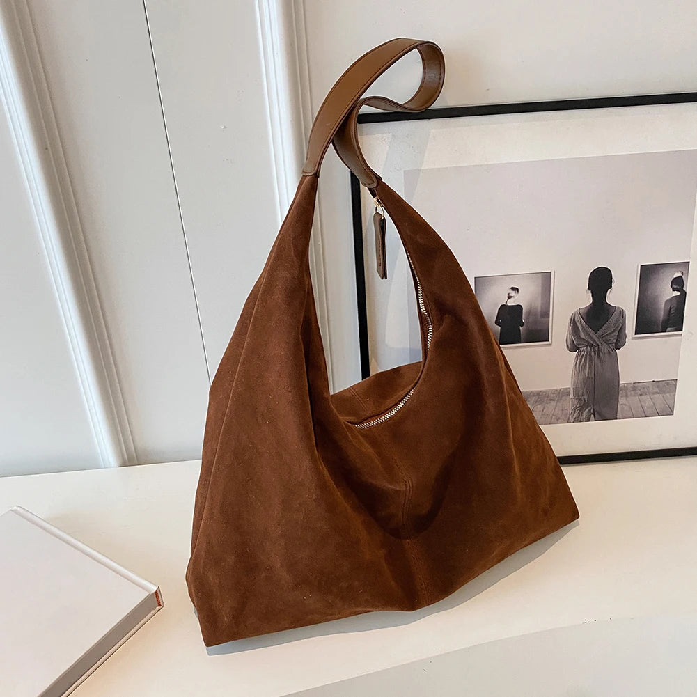 Women Suede Tote Bag With Zipper PU Leather Large Capacity