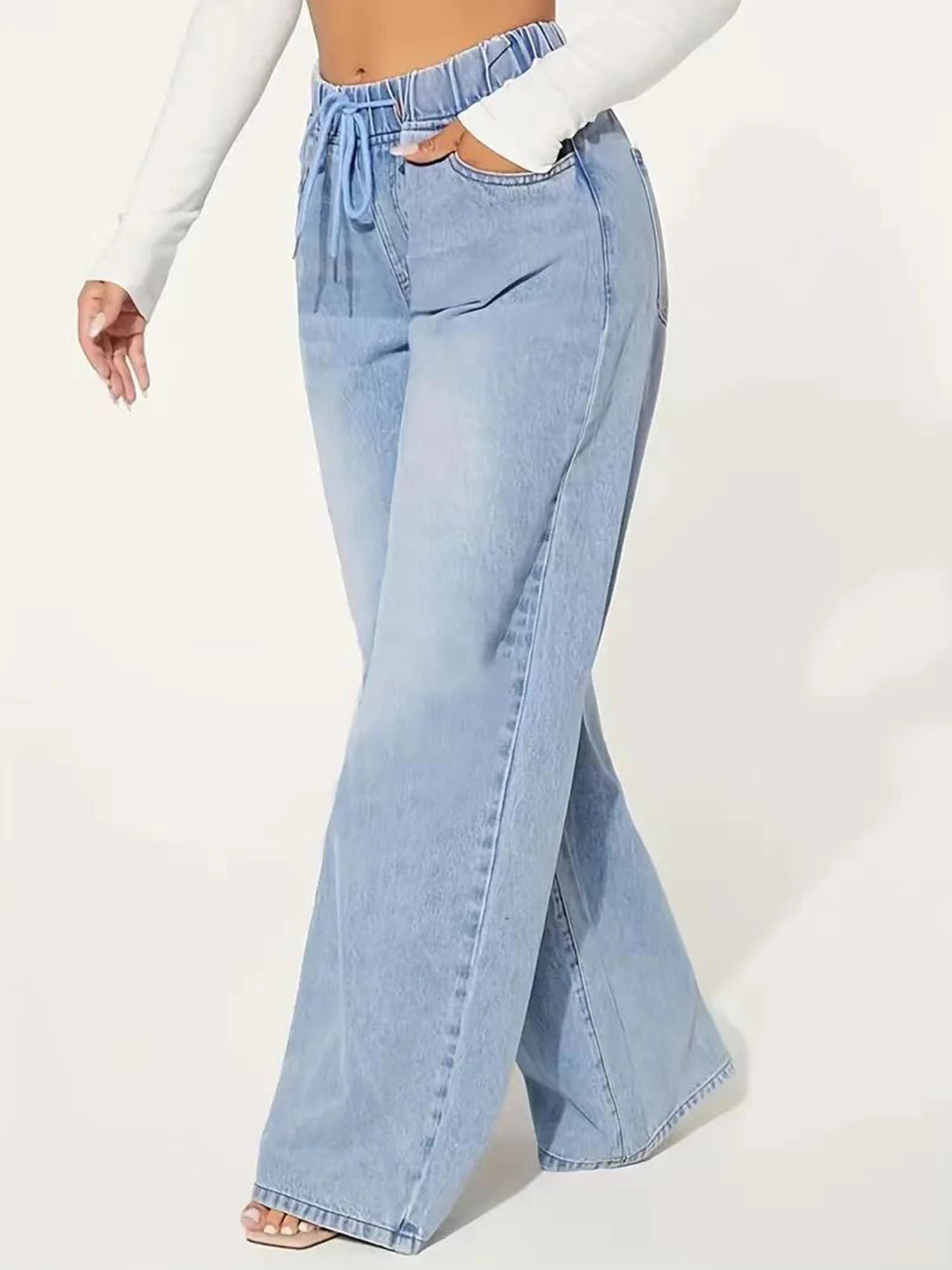 Guangdong CN Women Jeans Wide Leg Drawstring Washed Denim