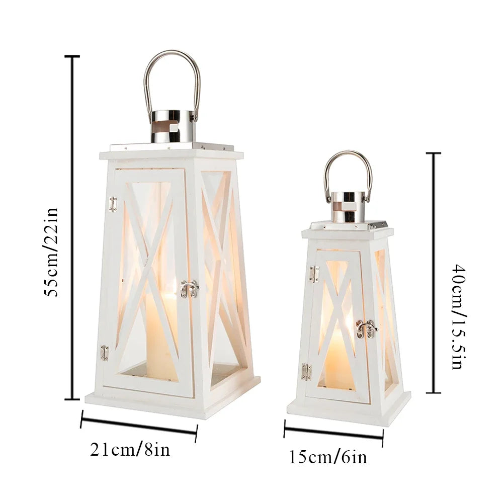 Farmhouse Wood Candle Lantern Decorative Candle Holders with Tempered Glass Rustic Hanging Lantern for Indoor Outdoor