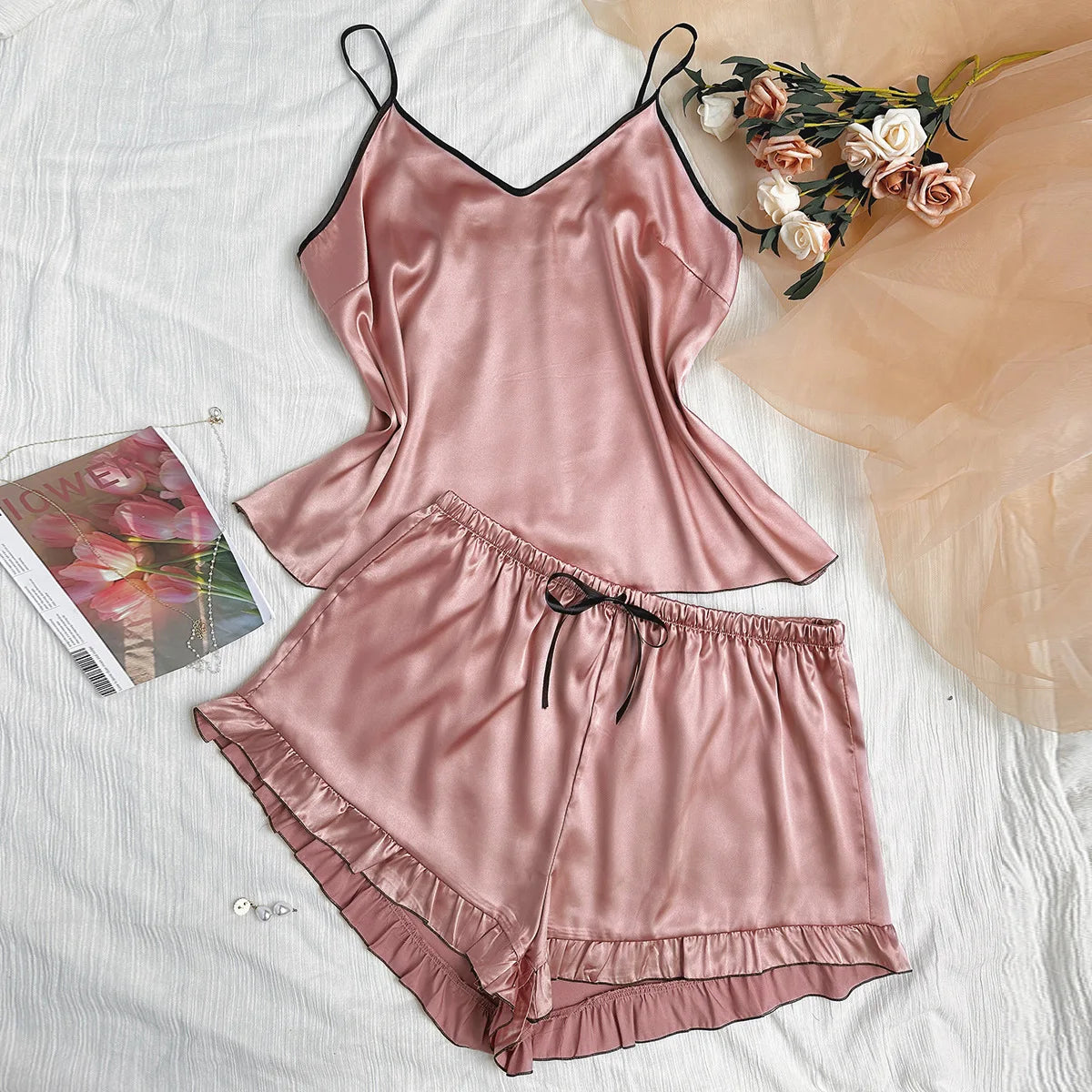 Aotulady Silk Satin Pajama Set Women Two Piece Sleepwear