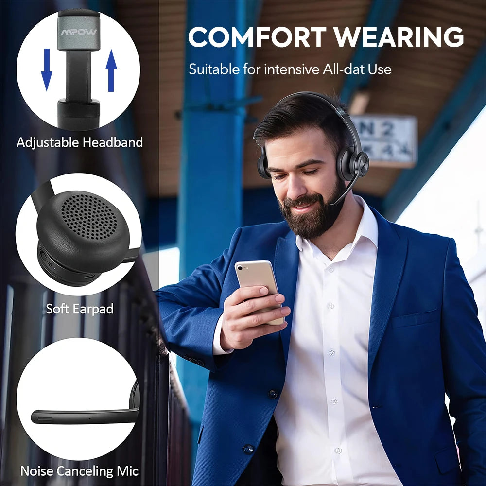 MPOW HC9 Bluetooth 5.3 Headset With Noise Cancelling Mic