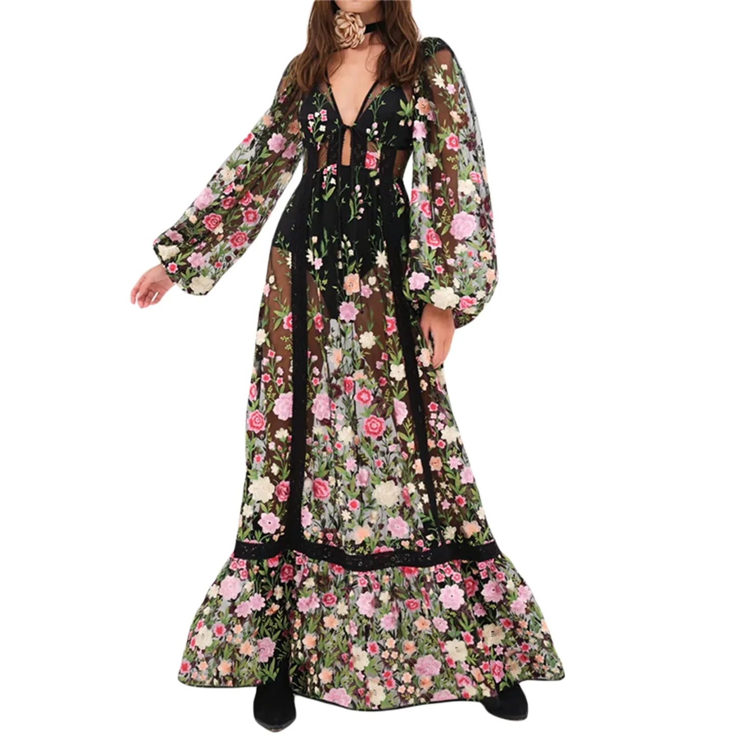 Hirigin Women Floral Beach Cover Up Long Sleeve V Neck