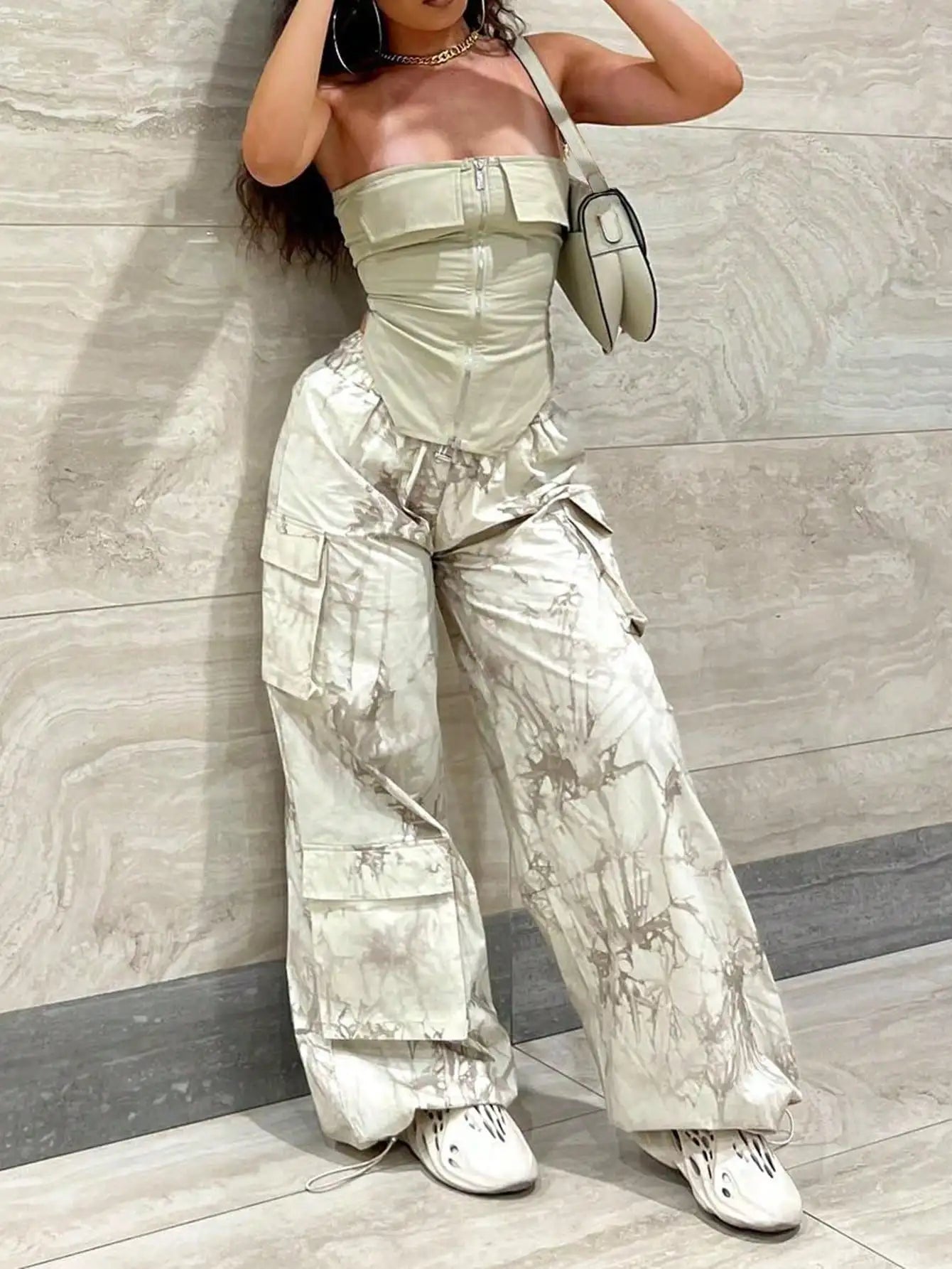 GrandAvenueStore Women 2Piece TubeTop CropTop WideLeg Pants