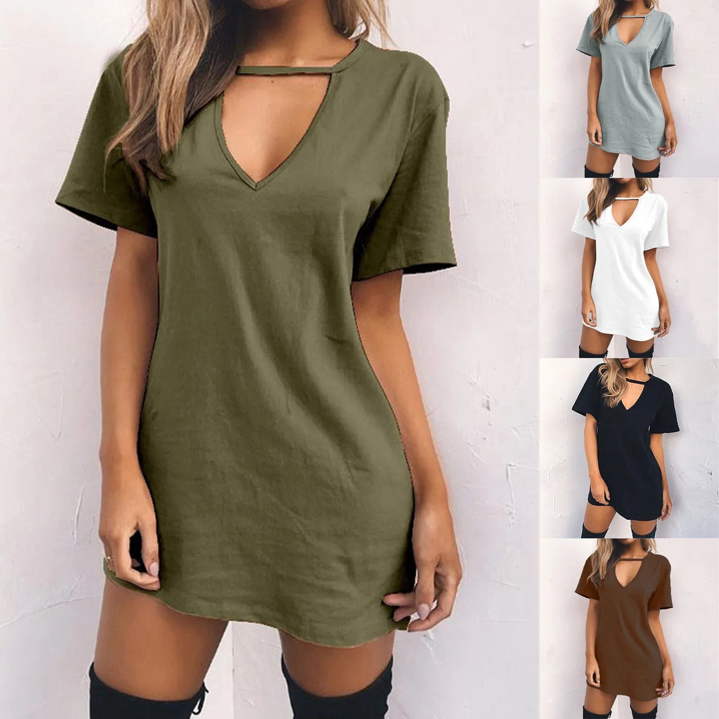 Casual Women V Neck Short Sleeve Hollow Dress Polyester