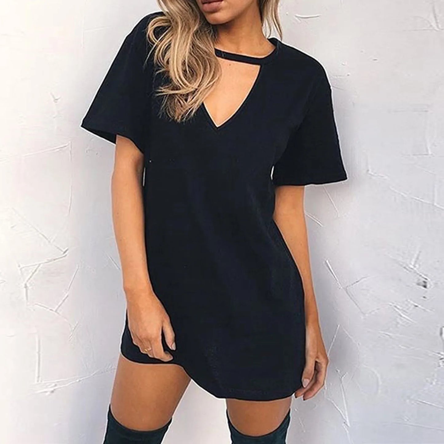 Casual Women V Neck Short Sleeve Hollow Dress Polyester
