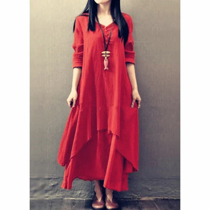 CN Women Linen Look Button Dress With Faux Two Piece