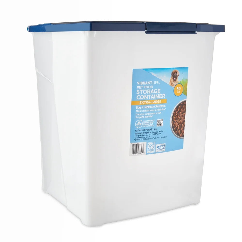 Extra-Large Plastic Pet Food Storage Container with Locking Lid Roller Wheels Bug Moisture Resistant Food Safe 50 lb Capacity