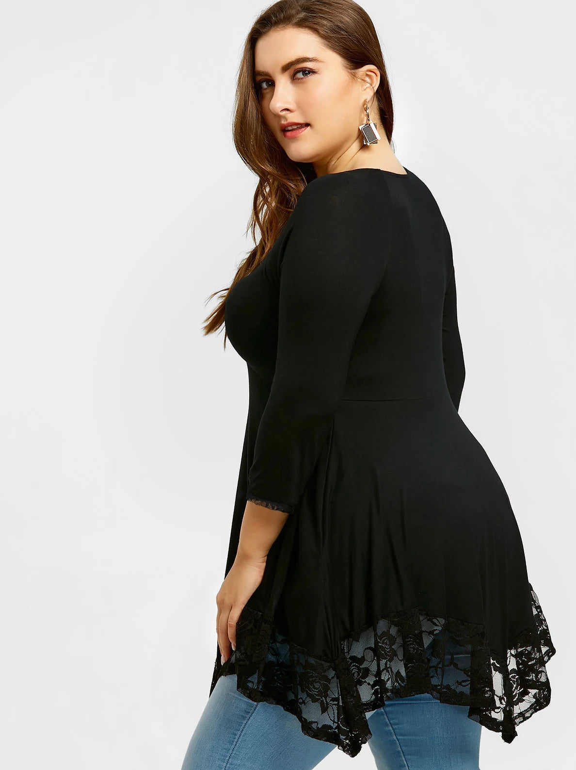 Clothing Round Neck Long Sleeve Lace Stitching Elegant Tee