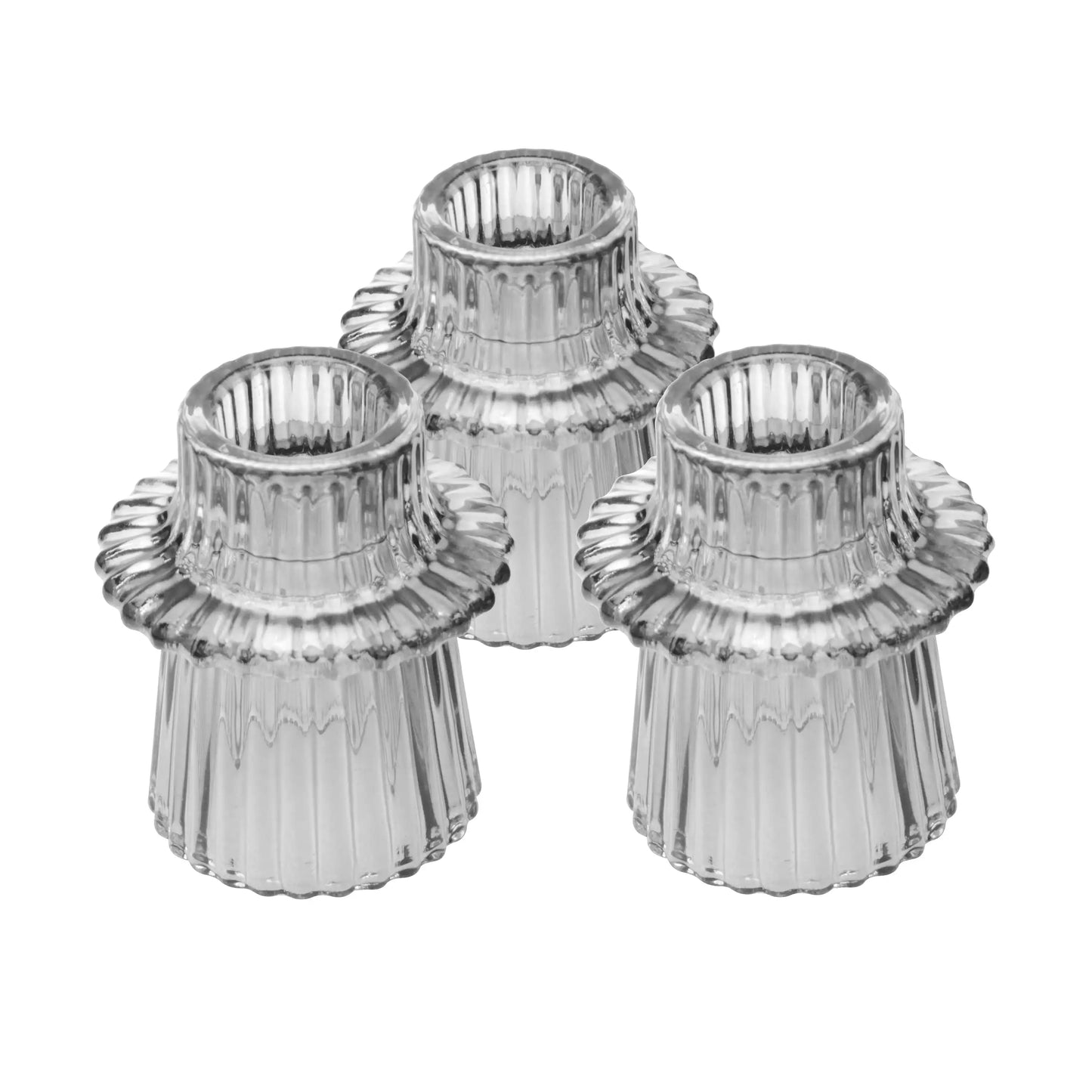 3" Decorative Clear Glass Ribbed Taper Tealight Candle Holder, Set of 3
