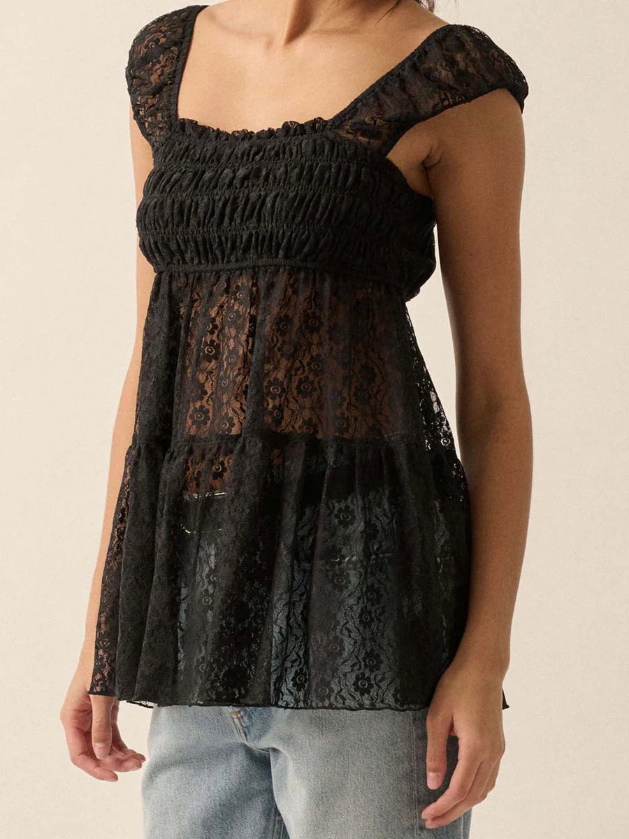 CN Casual Floral Lace Square Neck Tee With Cap Sleeves