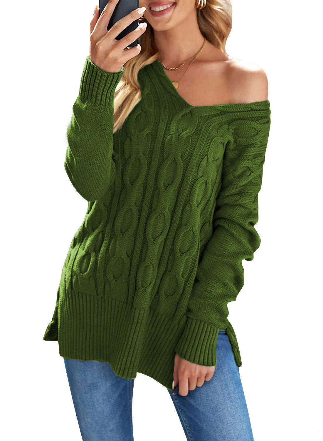 CN Jiangxi Cable Knit Pullover Sweater V Neck Long Sleeve