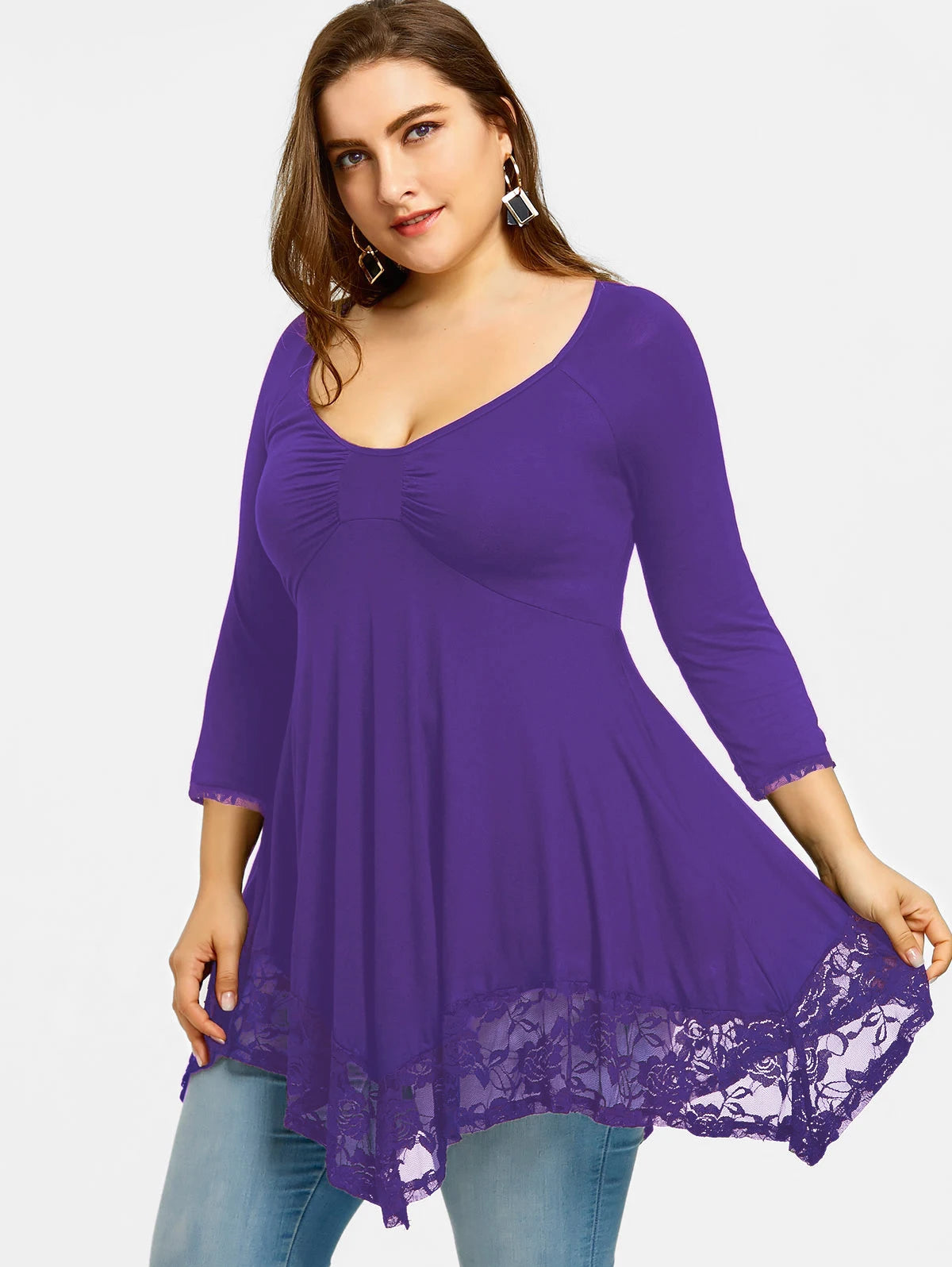 Clothing Round Neck Long Sleeve Lace Stitching Elegant Tee