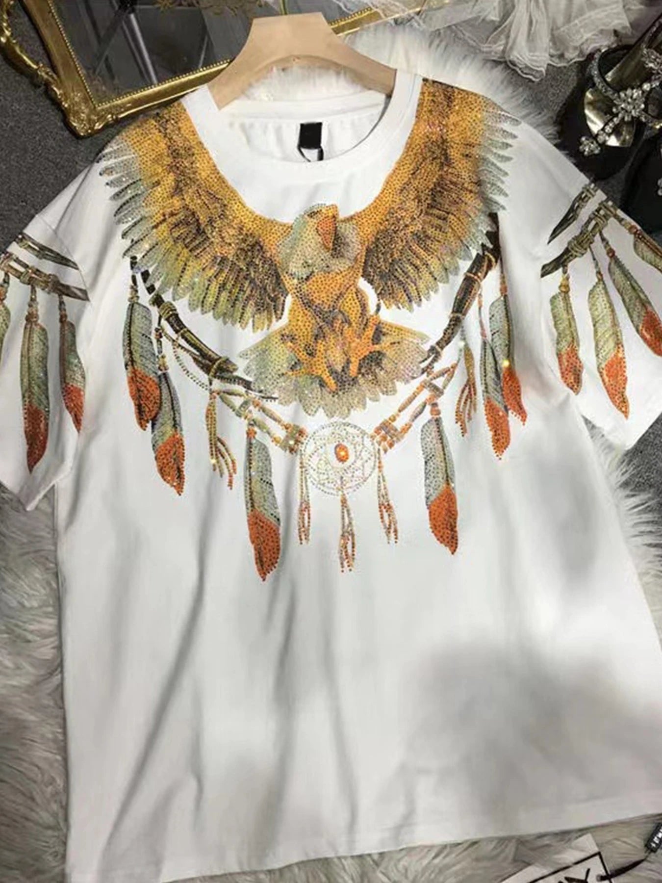 Clothing Graphic Eagle Rhinestone Tee Fit Short Sleeve