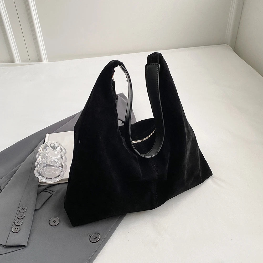 Women Suede Tote Bag With Zipper PU Leather Large Capacity