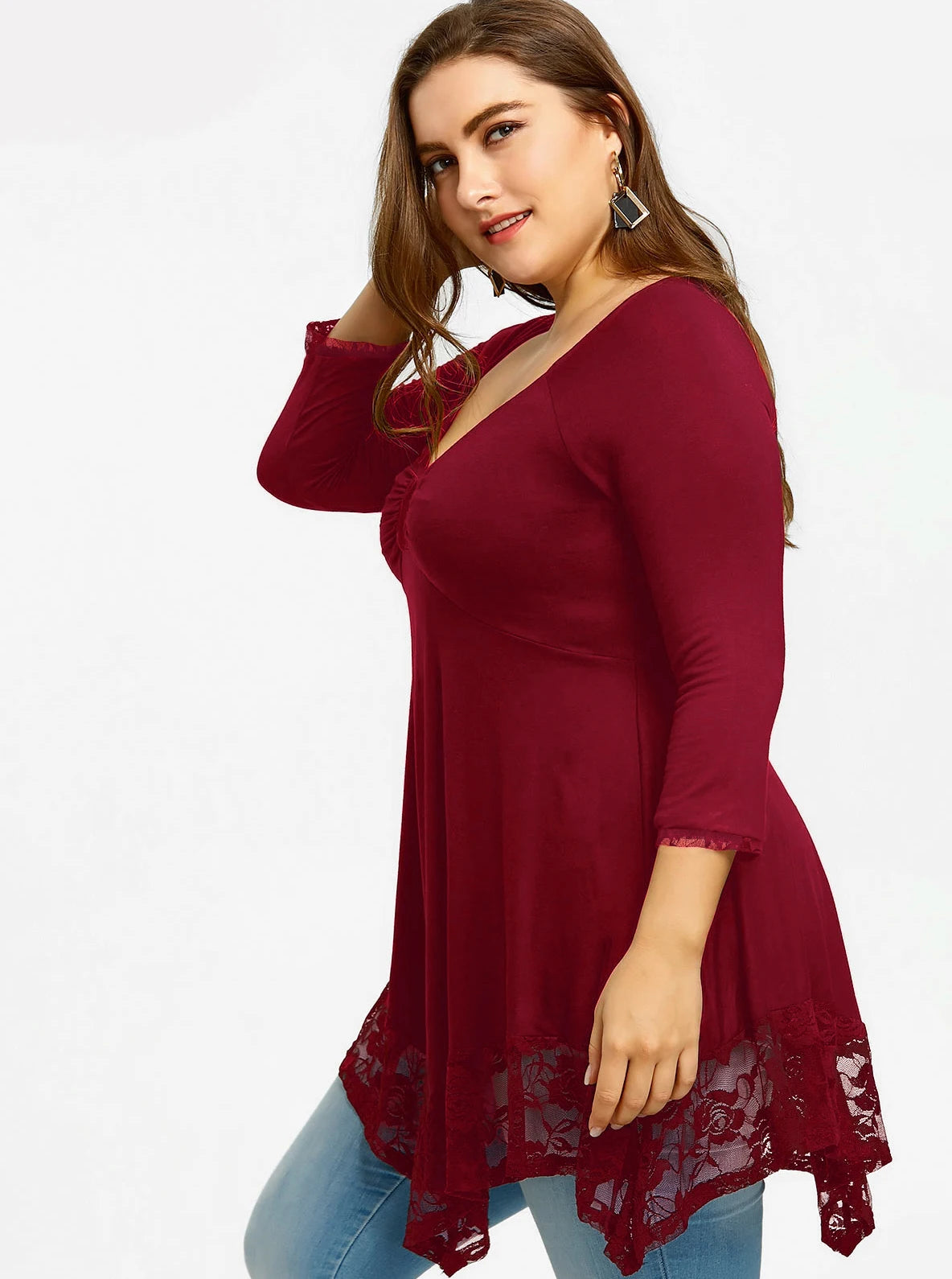 Clothing Round Neck Long Sleeve Lace Stitching Elegant Tee