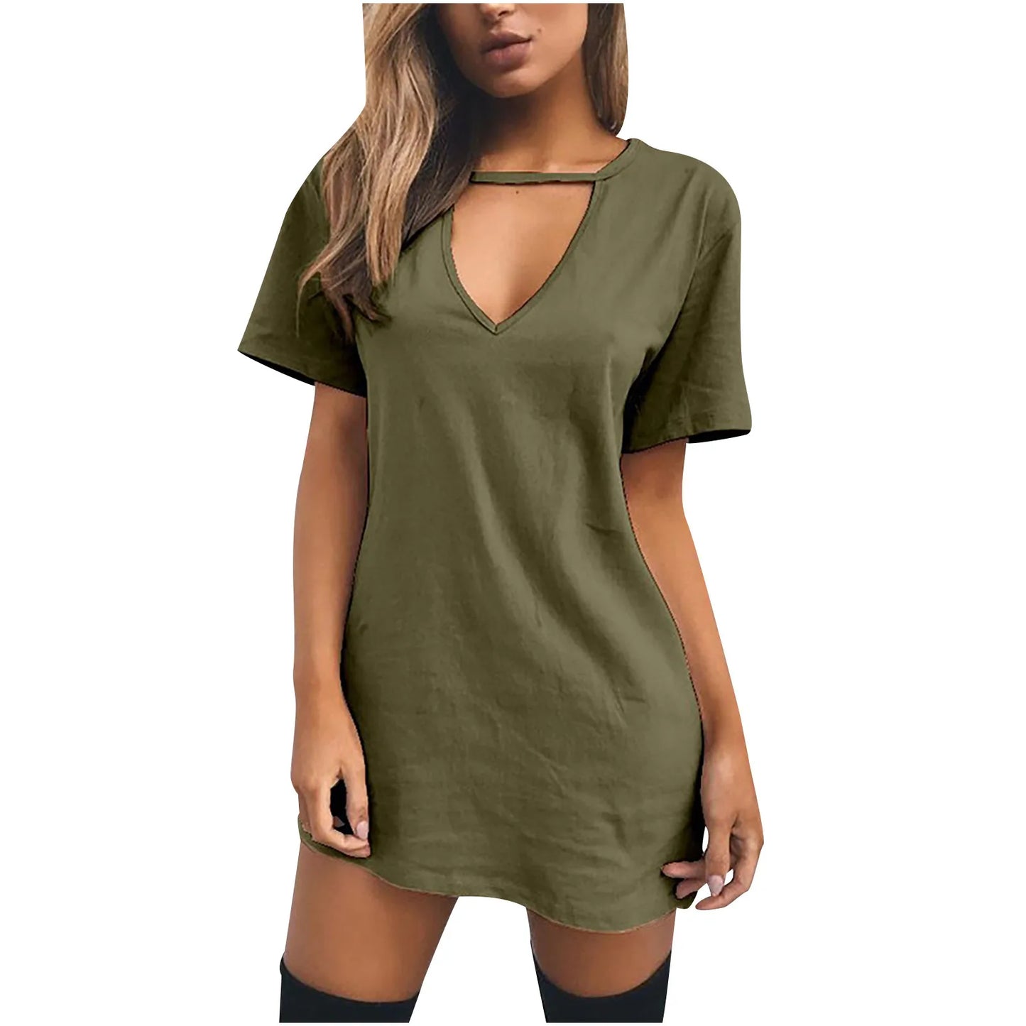 Casual Women V Neck Short Sleeve Hollow Dress Polyester