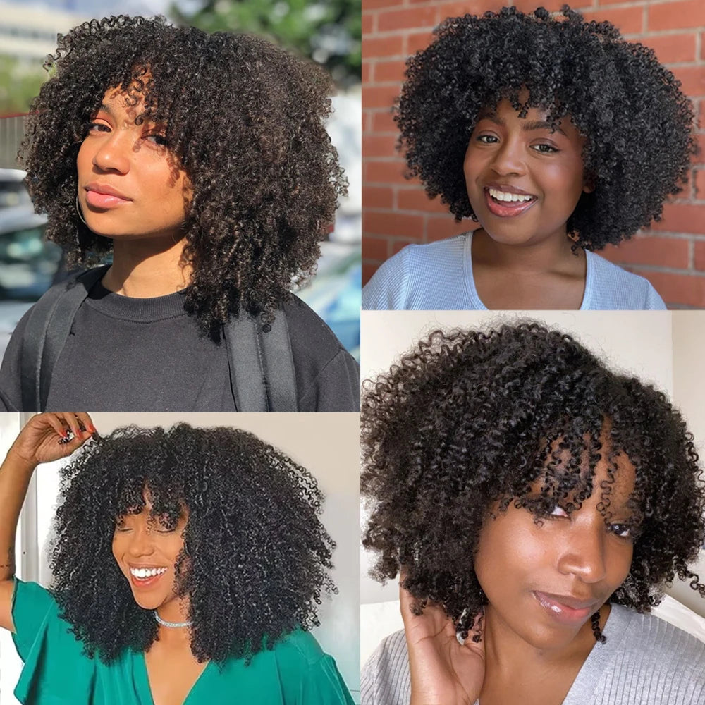 GrandAvenueStore Afro Kinky Curly Short Wig With Bangs