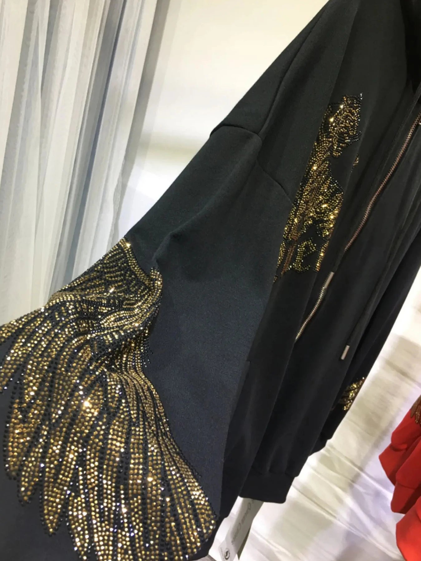 Hooded Zipper Hoodie Tiger Rhinestones Graphic With Pocket For Women