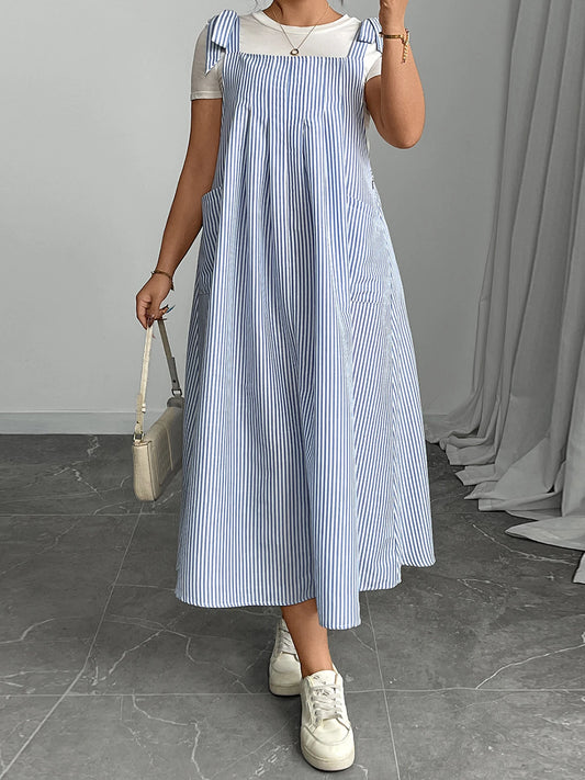 Hirigin Casual Sleeveless Striped Overall Dress With Straps