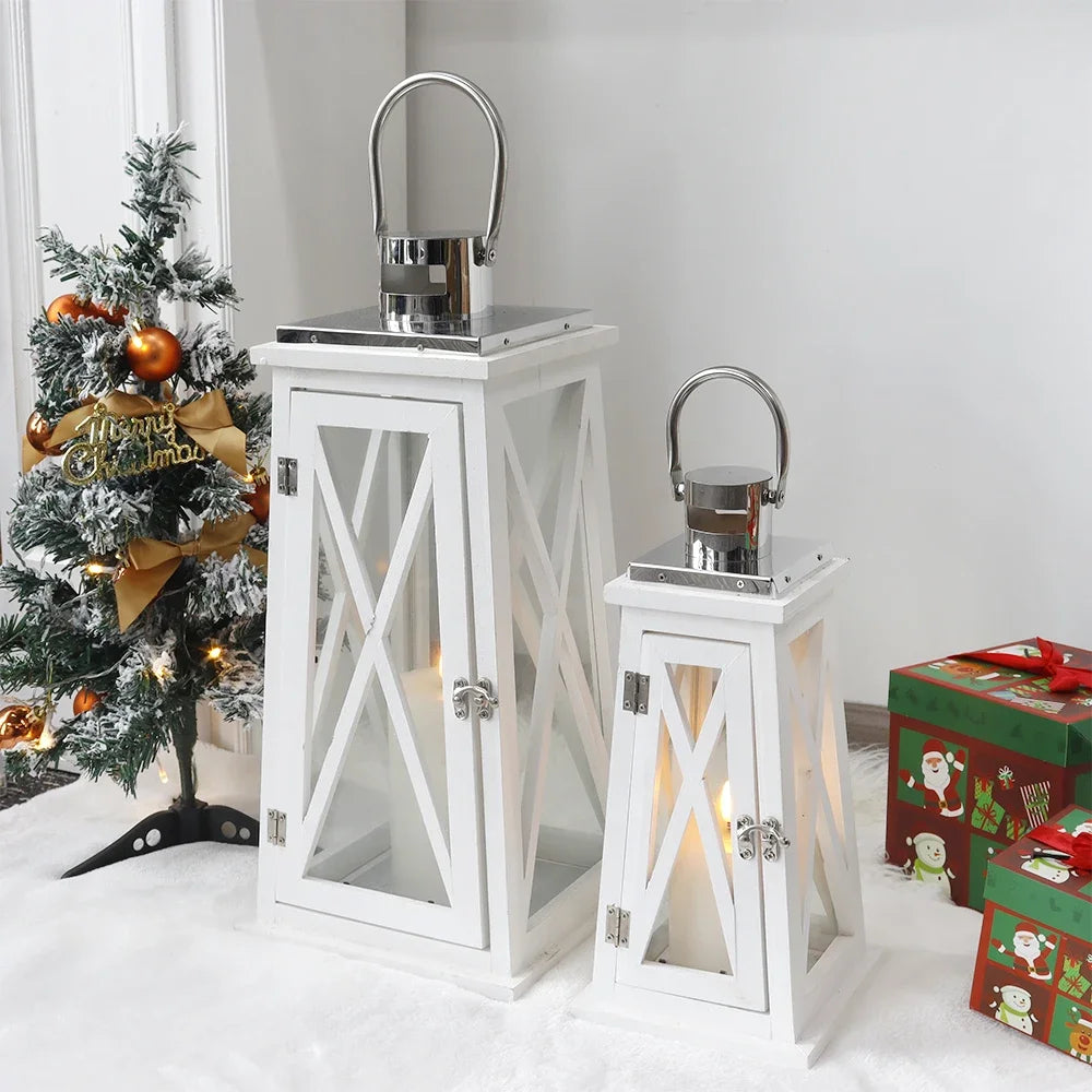 Farmhouse Wood Candle Lantern Decorative Candle Holders with Tempered Glass Rustic Hanging Lantern for Indoor Outdoor