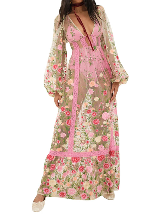 Hirigin Women Floral Beach Cover Up Long Sleeve V Neck