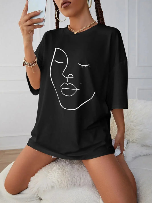 Simple Line Pattern Womens Tee Short Sleeve Cotton Top
