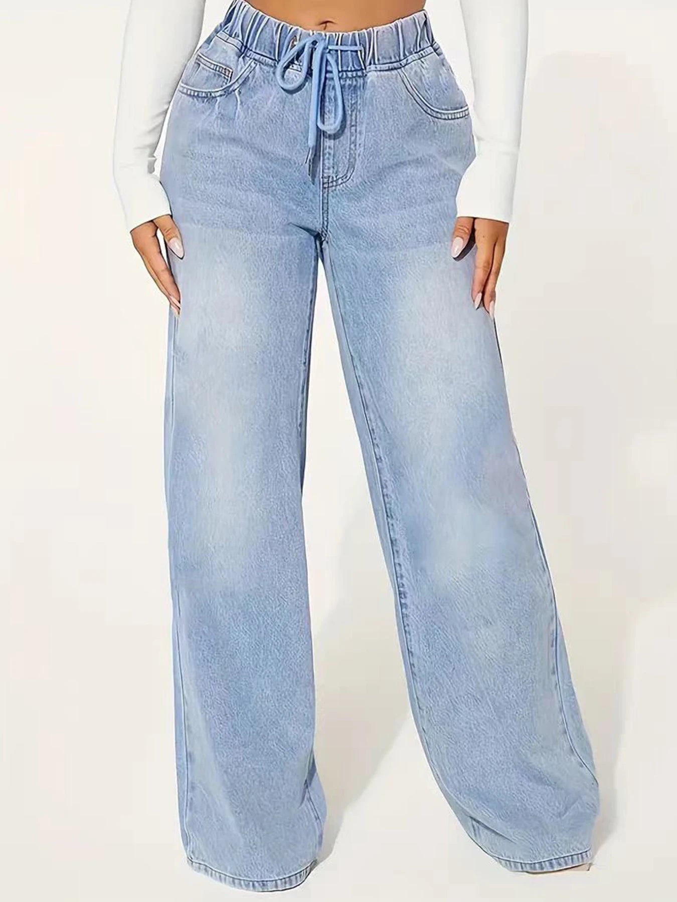 Guangdong CN Women Jeans Wide Leg Drawstring Washed Denim