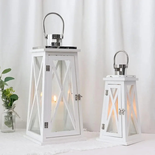 Farmhouse Wood Candle Lantern Decorative Candle Holders with Tempered Glass Rustic Hanging Lantern for Indoor Outdoor