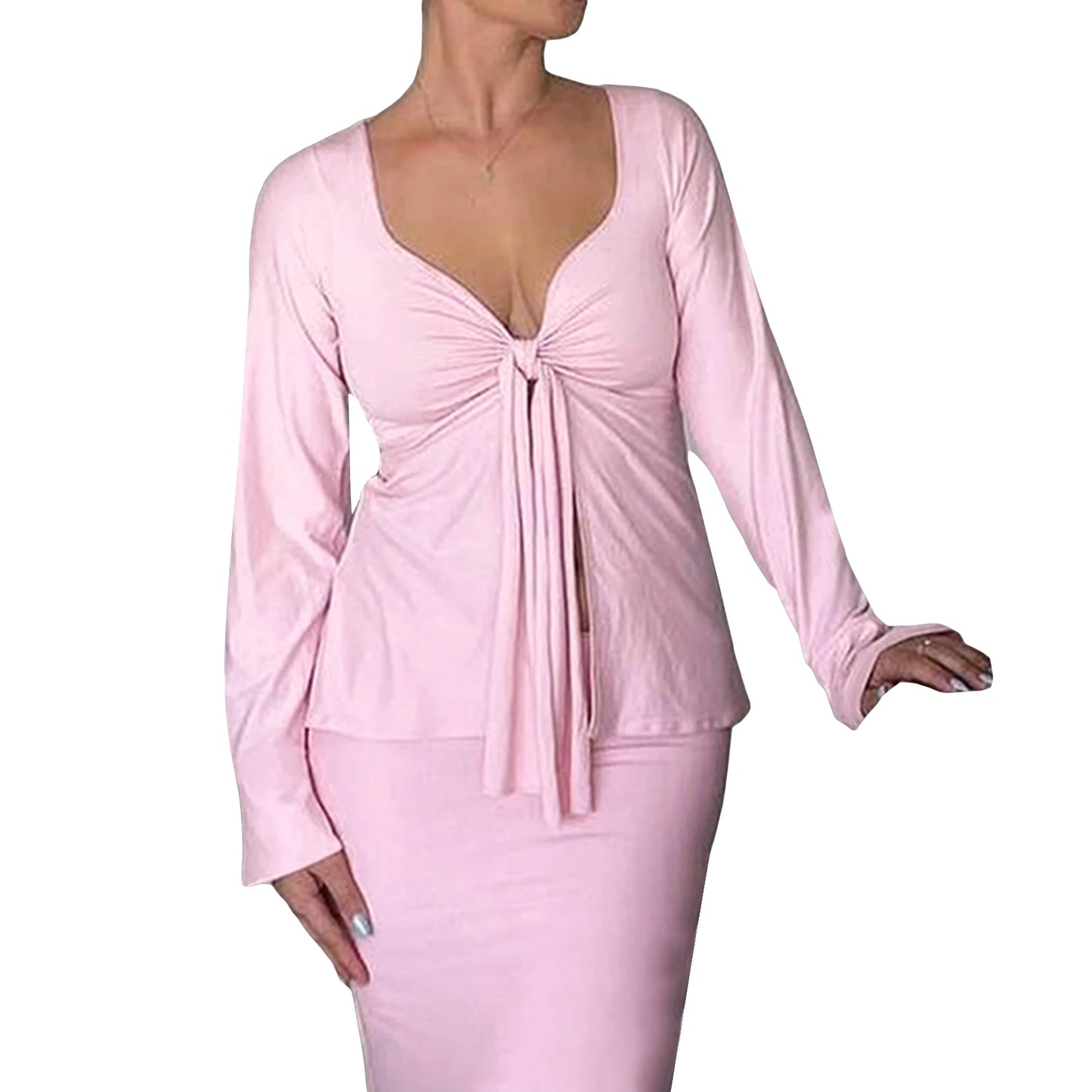 Hirigin Women PremiumWaffleLongSleeveVNeckFrontTieKnot FashionTop EssentialWardrobe DailyWear